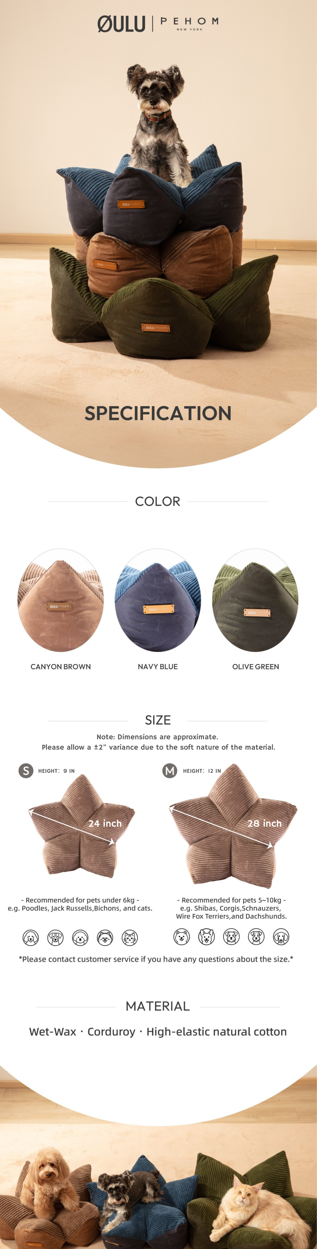 OULU X PEHOM - CUDDLE PET PILLOW BED- Navy Blue / Olive Green / Canyon Brown