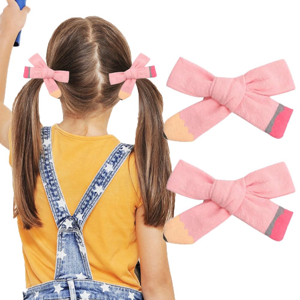Back to School Hair Bow Clips Cute Pencil Design Hair Clips Pink Color Handmade Pencil Hair Barrette Hairgrips First Day of School Hair Accessories Bowknot Hairpin for Kindergarten Toddler Student