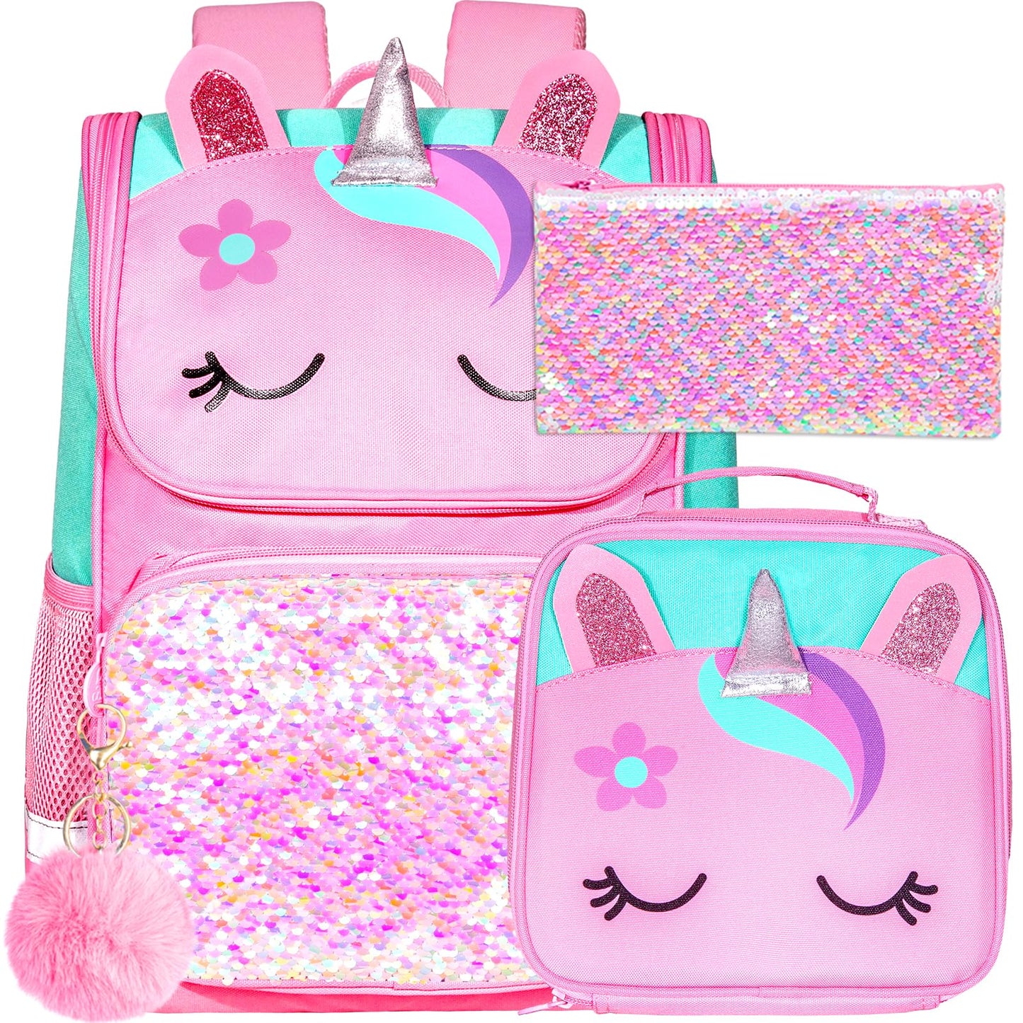 KLFVB 3PCS Girls Backpack 15" Sequin Unicorn Bookbag with Lunch Box Kids Preschool School bag for Elementary Students - Pink