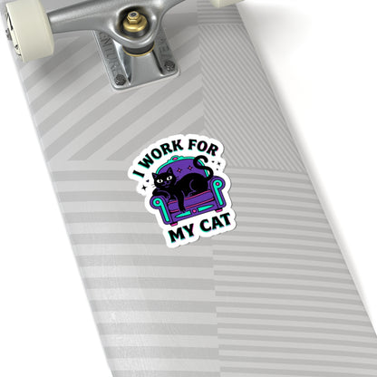 I Work For My Cat Sticker | witchy black cat, retro meme
