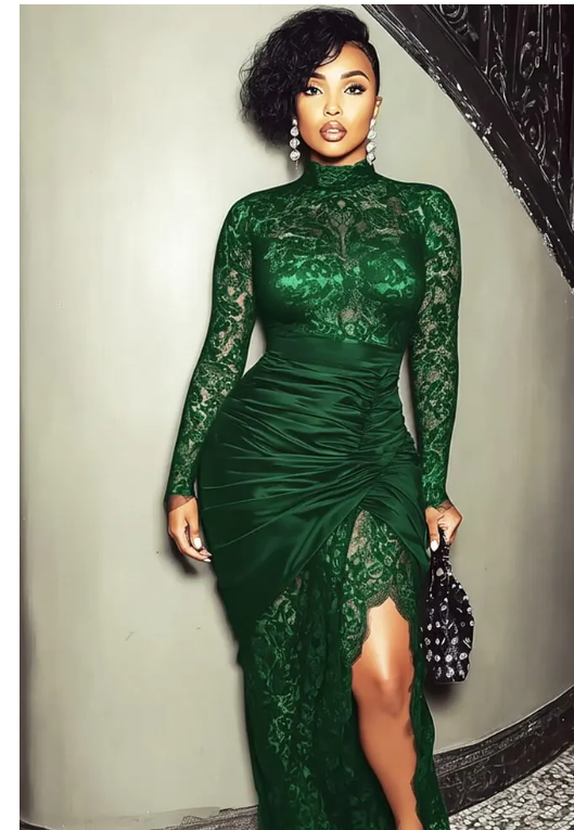 New Sexy luck green Mock Neck Ruched Slit Lace Dinner Party Maxi Dress