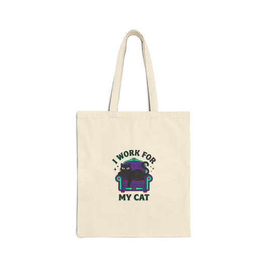 I Work For My Cat Tote | Funny Cat Mom, Retro Witchy Black Cat