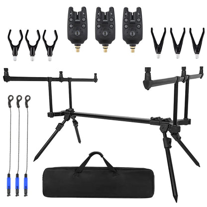Fishing Rod Stand with Electronic Bite Alarms – 4-Rod Bank Setup
