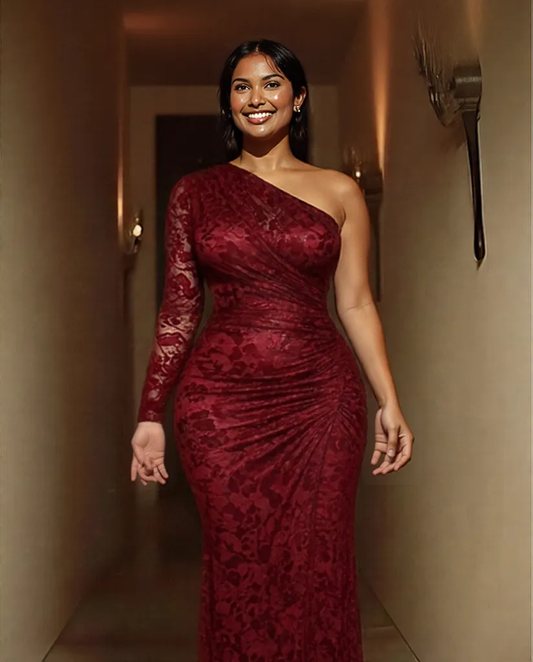 New Sexy red One Shoulder Lace Fishtail Ruched Slit Party Maxi Dress