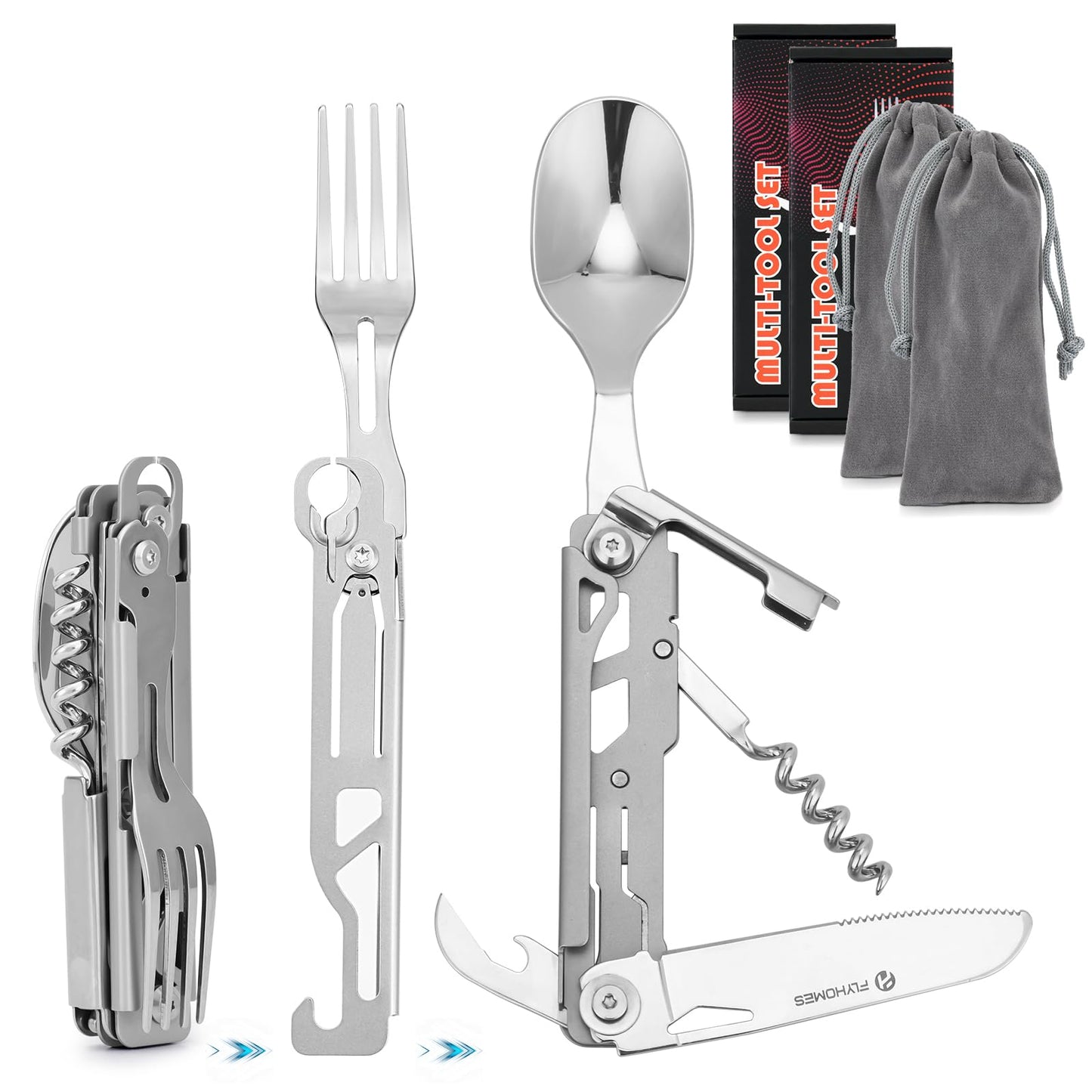FLYHOMES 6-in-1 Camping Utensils Set – Detachable Fork, Spoon & Knife (2 Pack)