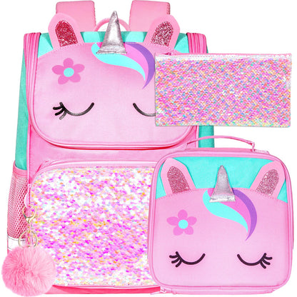 KLFVB 3PCS Girls Backpack 15" Sequin Unicorn Bookbag with Lunch Box Kids Preschool School bag for Elementary Students - Pink