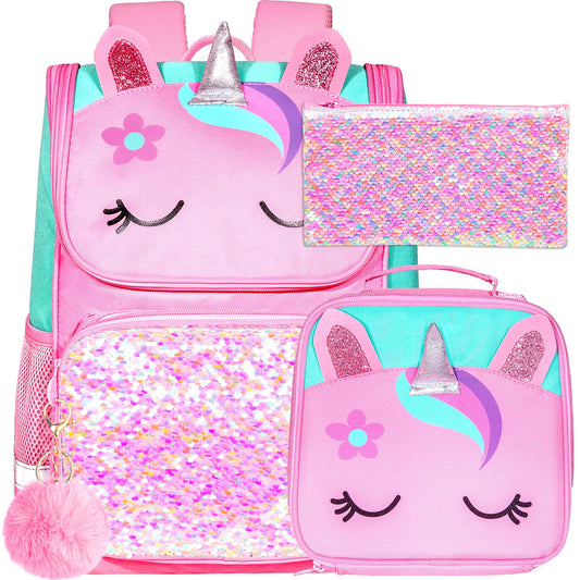 KLFVB 3PCS Girls Backpack 15" Sequin Unicorn Bookbag with Lunch Box Kids Preschool School bag for Elementary Students - Pink